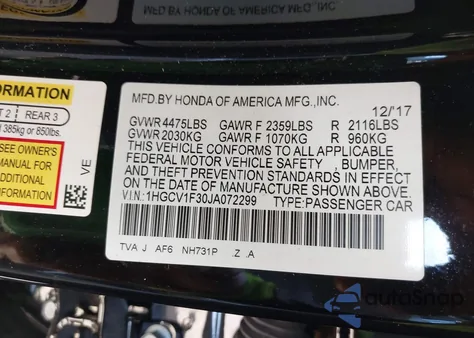 2018 Honda Accord Sport from USA, damaged, VIN 1HGCV1F30JA072299